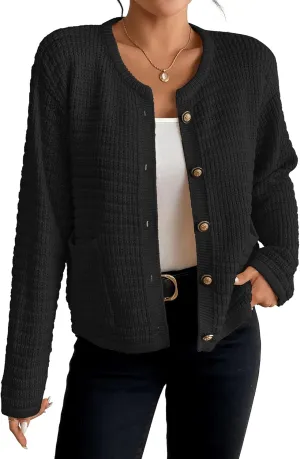 Bsubseach Cardigan Sweaters for Womens Long Sleeve Open Front Button Down Knit Jackets Fall Cardigans with Pockets Black L