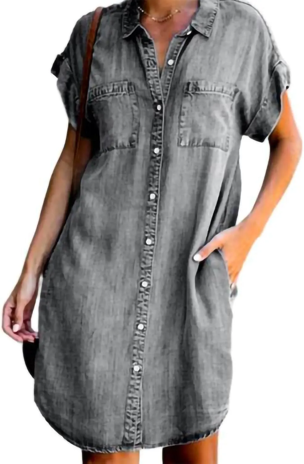 Button Down Denim Midi Shirt Dress for Women Summer Lapel Short Sleeve Loose Jean Dresses with Pockets Plus Size