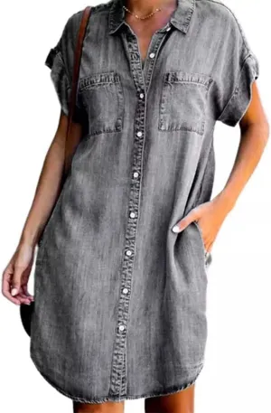 Button Down Denim Midi Shirt Dress for Women Summer Lapel Short Sleeve Loose Jean Dresses with Pockets Plus Size