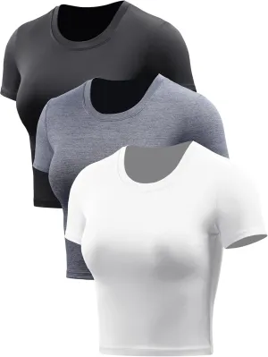 CADMUS Women's Dry Fit Crop Top Yoga Short Sleeve Shirts Crew Neck Athletic Running Tee 3 Pieces