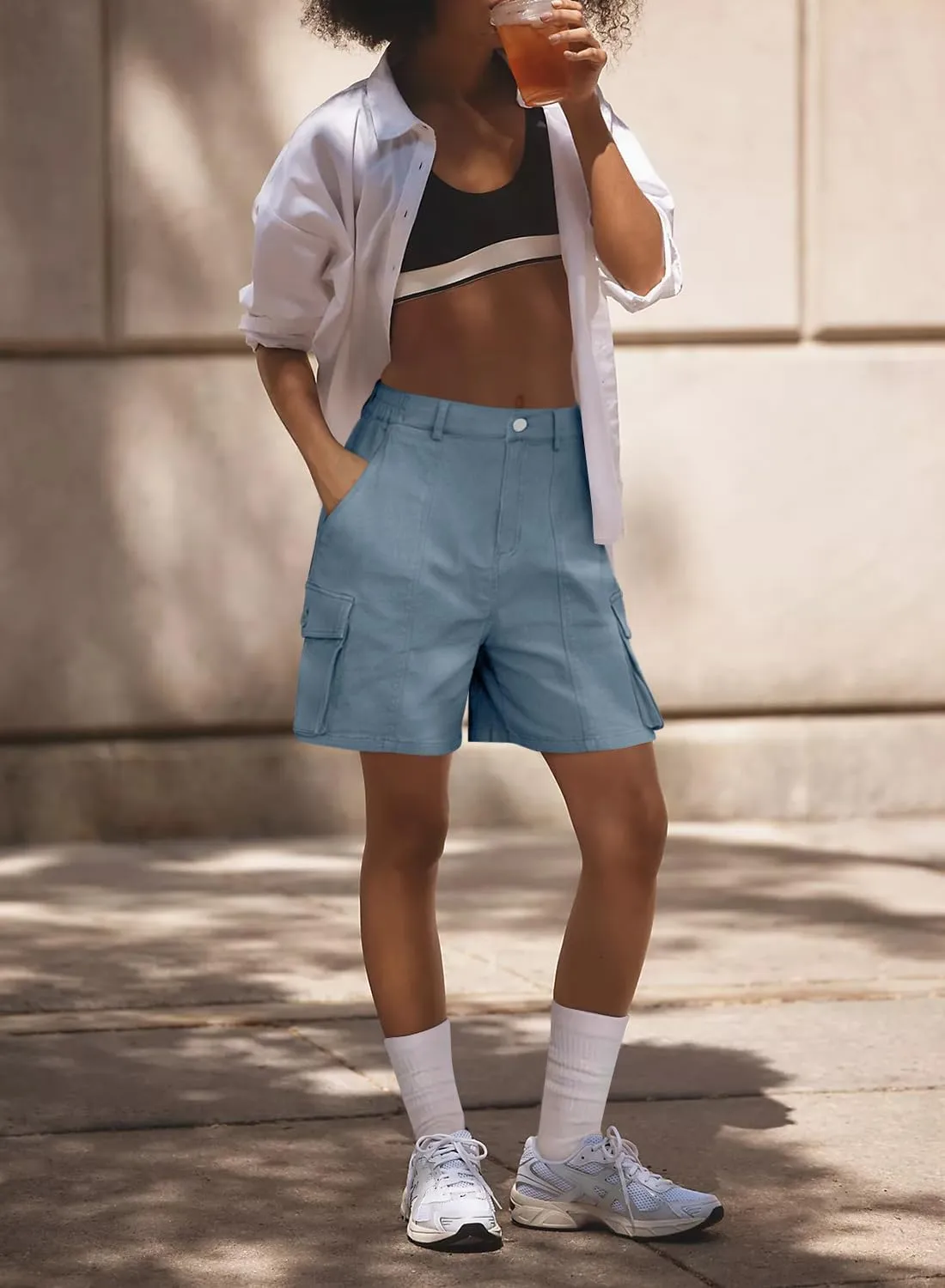 Cargo Shorts Women Bermuda Knee Length Long Hiking Shorts with Pockets Elastic Waist for Summer Casual Trendy Outfits