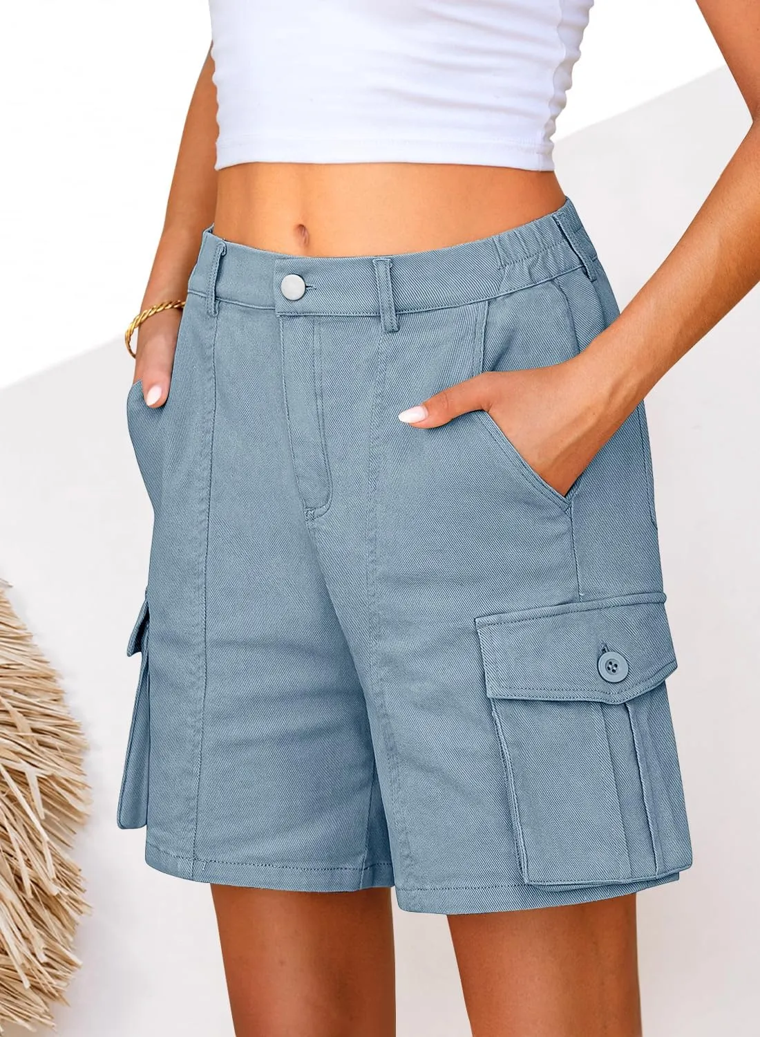 Cargo Shorts Women Bermuda Knee Length Long Hiking Shorts with Pockets Elastic Waist for Summer Casual Trendy Outfits