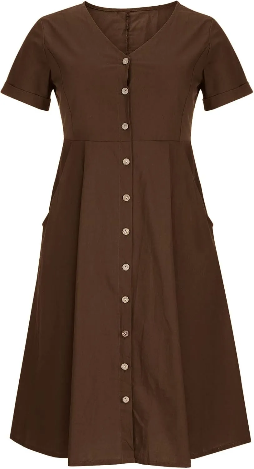 Casual Summer Dresses for Women Summer Loose Plus Size Button Linen Tee Shirt Solid Short Sleeve Dress with Pockets