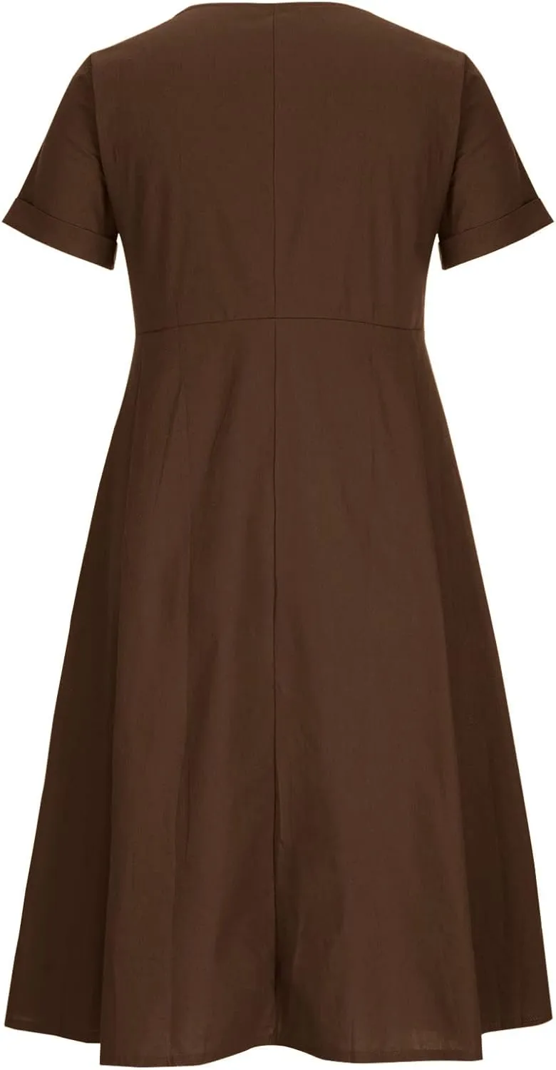 Casual Summer Dresses for Women Summer Loose Plus Size Button Linen Tee Shirt Solid Short Sleeve Dress with Pockets