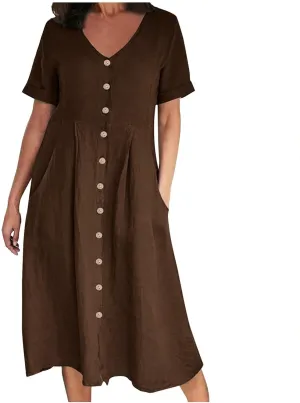 Casual Summer Dresses for Women Summer Loose Plus Size Button Linen Tee Shirt Solid Short Sleeve Dress with Pockets
