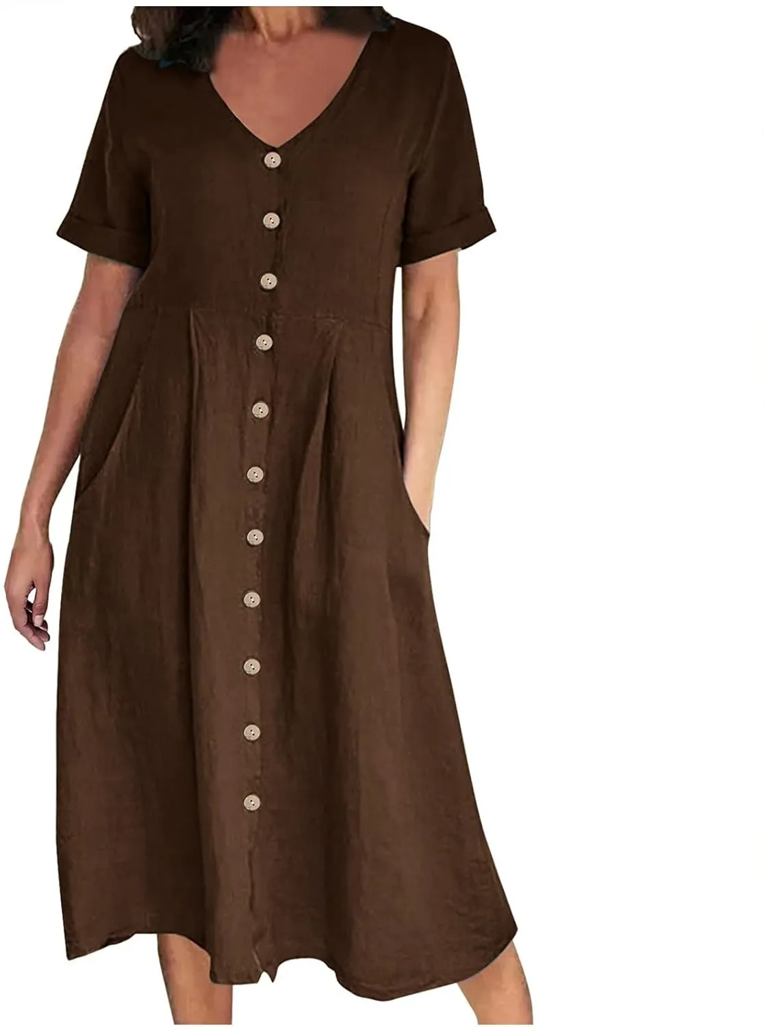 Casual Summer Dresses for Women Summer Loose Plus Size Button Linen Tee Shirt Solid Short Sleeve Dress with Pockets