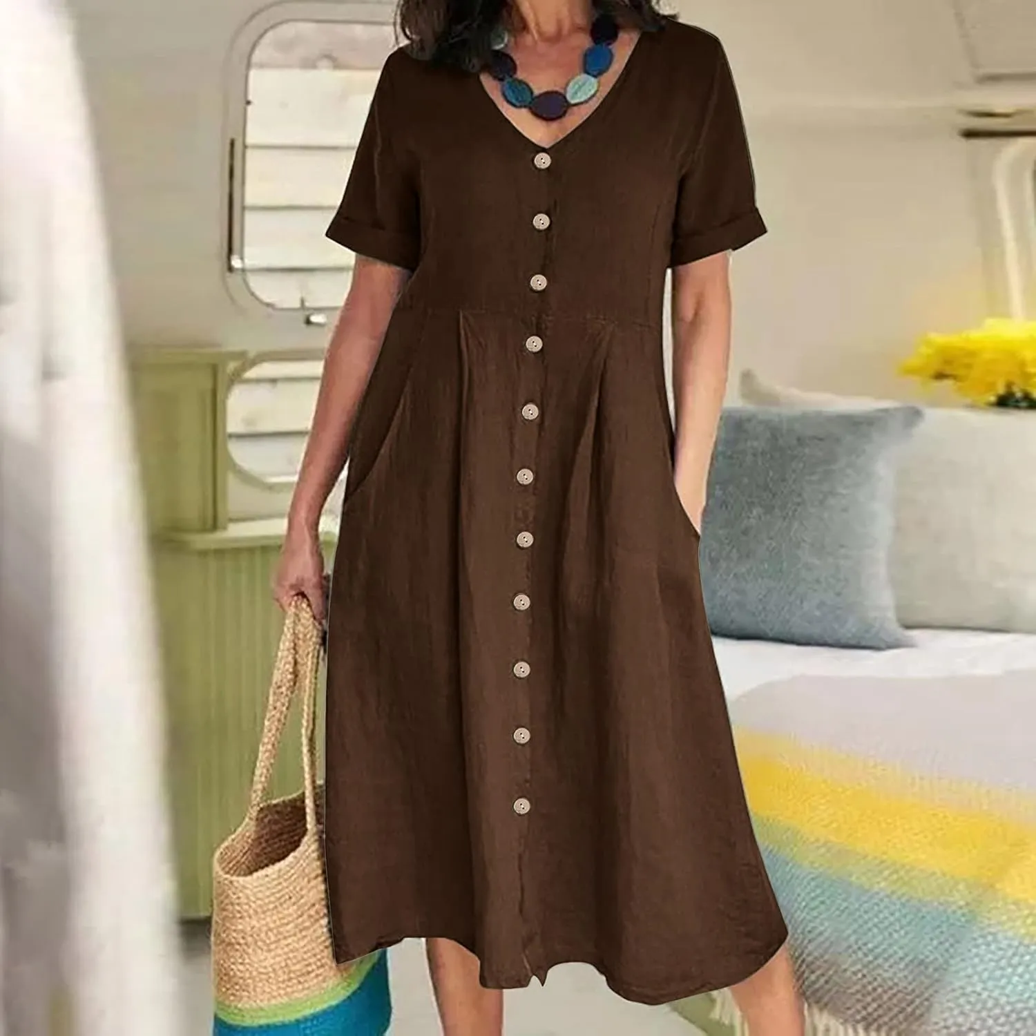 Casual Summer Dresses for Women Summer Loose Plus Size Button Linen Tee Shirt Solid Short Sleeve Dress with Pockets
