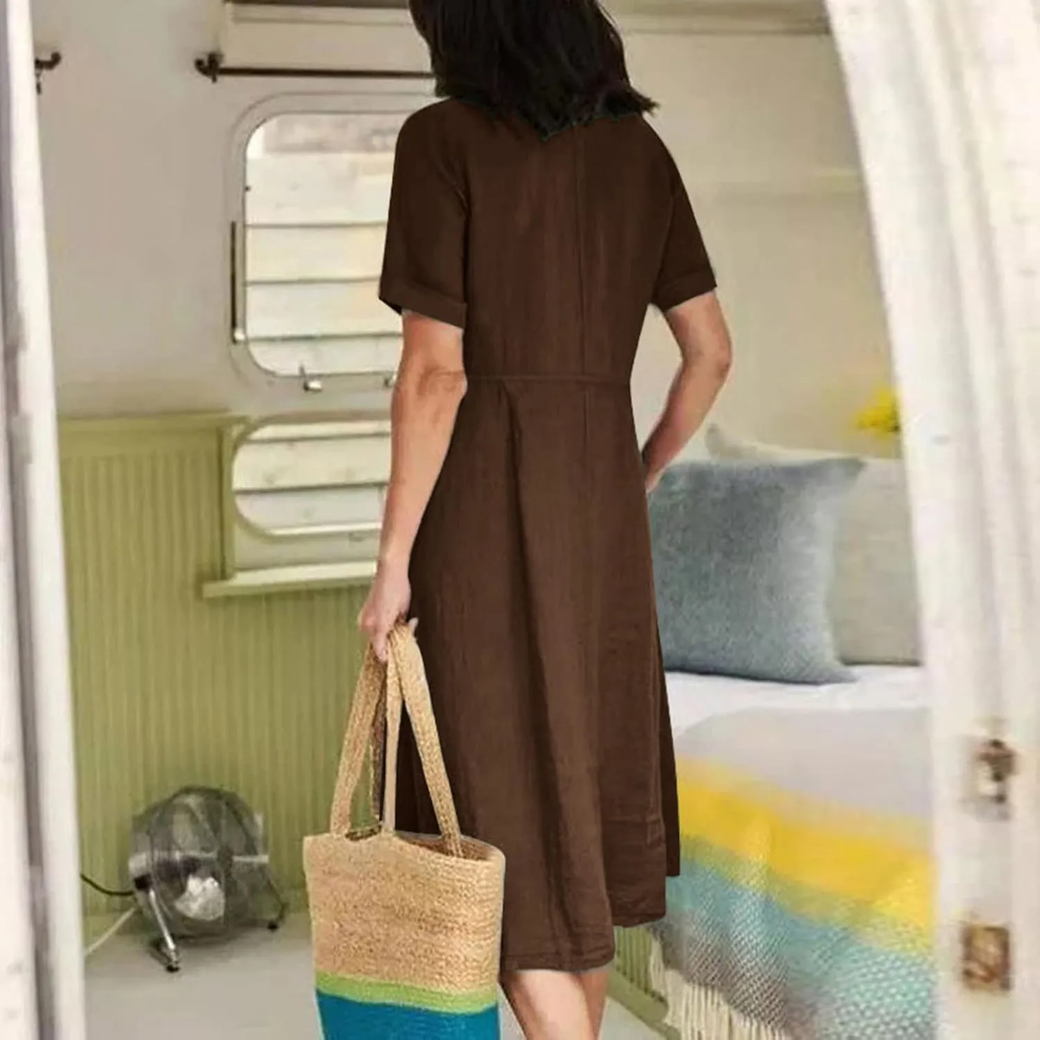 Casual Summer Dresses for Women Summer Loose Plus Size Button Linen Tee Shirt Solid Short Sleeve Dress with Pockets