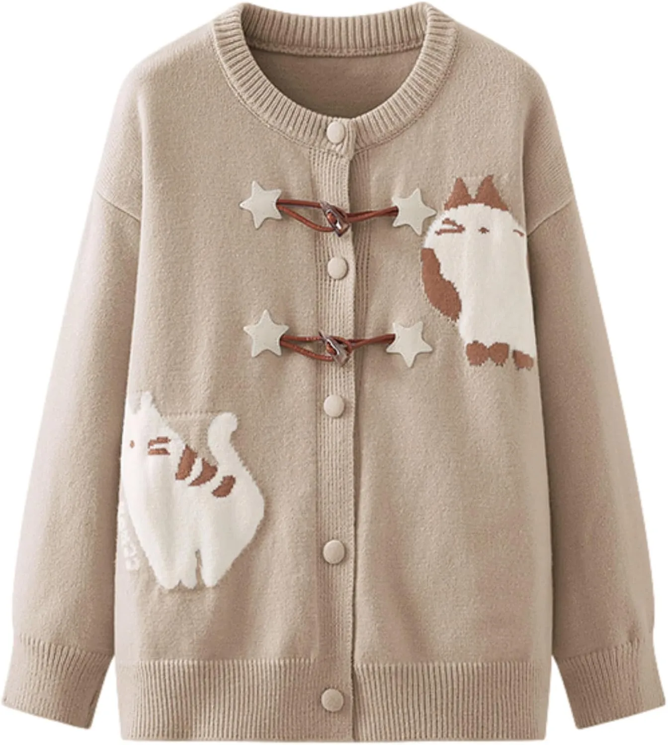 Cat Sweaters for Women Japanese Casual Kawaii Fun Patterned Cardigan Crew Neck Button Up Cozy Knit Coats