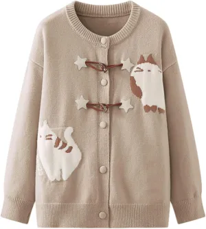 Cat Sweaters for Women Japanese Casual Kawaii Fun Patterned Cardigan Crew Neck Button Up Cozy Knit Coats