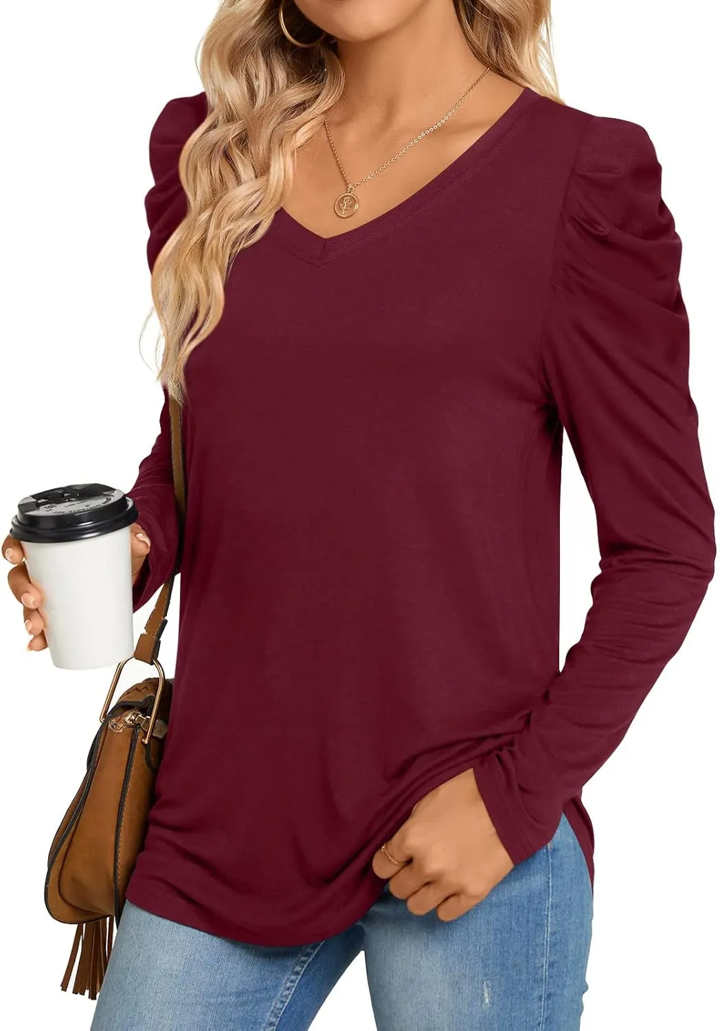 CATHY Women's Long Puff Sleeve V Neck Tunic Tops Casual Tshirt Basic Blouse Loose Tee For Legging