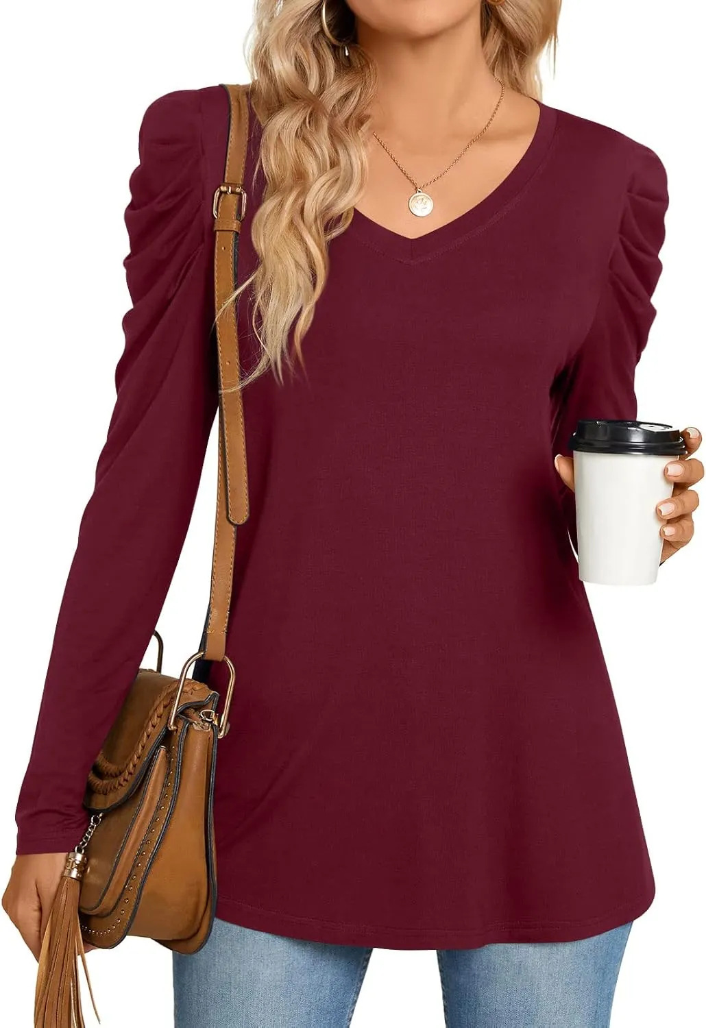 CATHY Women's Long Puff Sleeve V Neck Tunic Tops Casual Tshirt Basic Blouse Loose Tee For Legging