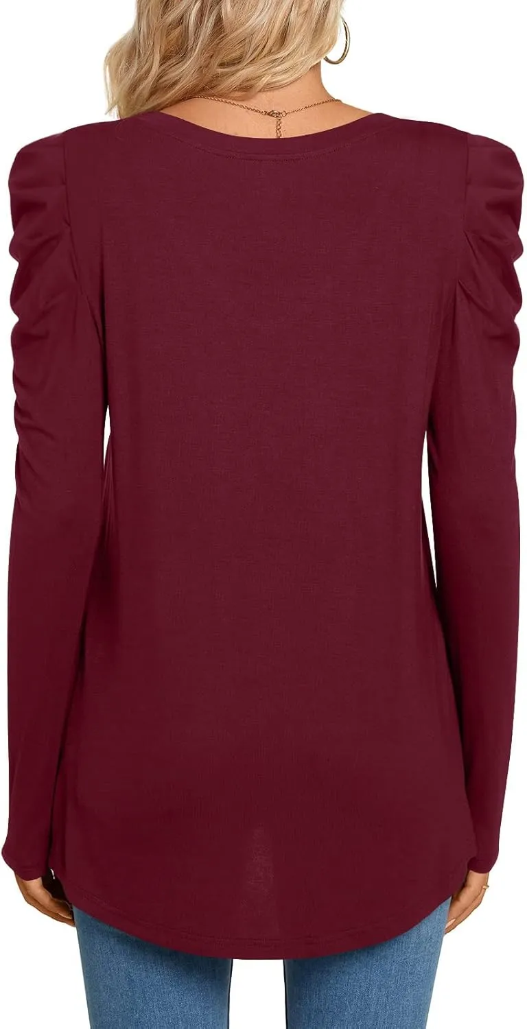 CATHY Women's Long Puff Sleeve V Neck Tunic Tops Casual Tshirt Basic Blouse Loose Tee For Legging