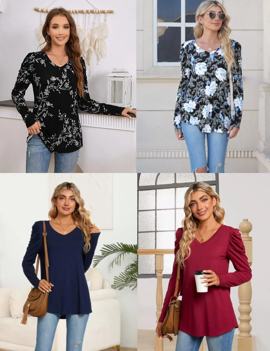 CATHY Women's Long Puff Sleeve V Neck Tunic Tops Casual Tshirt Basic Blouse Loose Tee For Legging