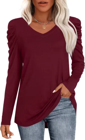 CATHY Women's Long Puff Sleeve V Neck Tunic Tops Casual Tshirt Basic Blouse Loose Tee For Legging