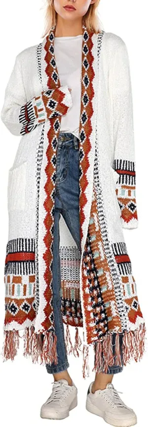 CHARTOU Women's Retro Knit Tassel Fringe Open Front Cardigan Long Sweater Jacket with Pocket