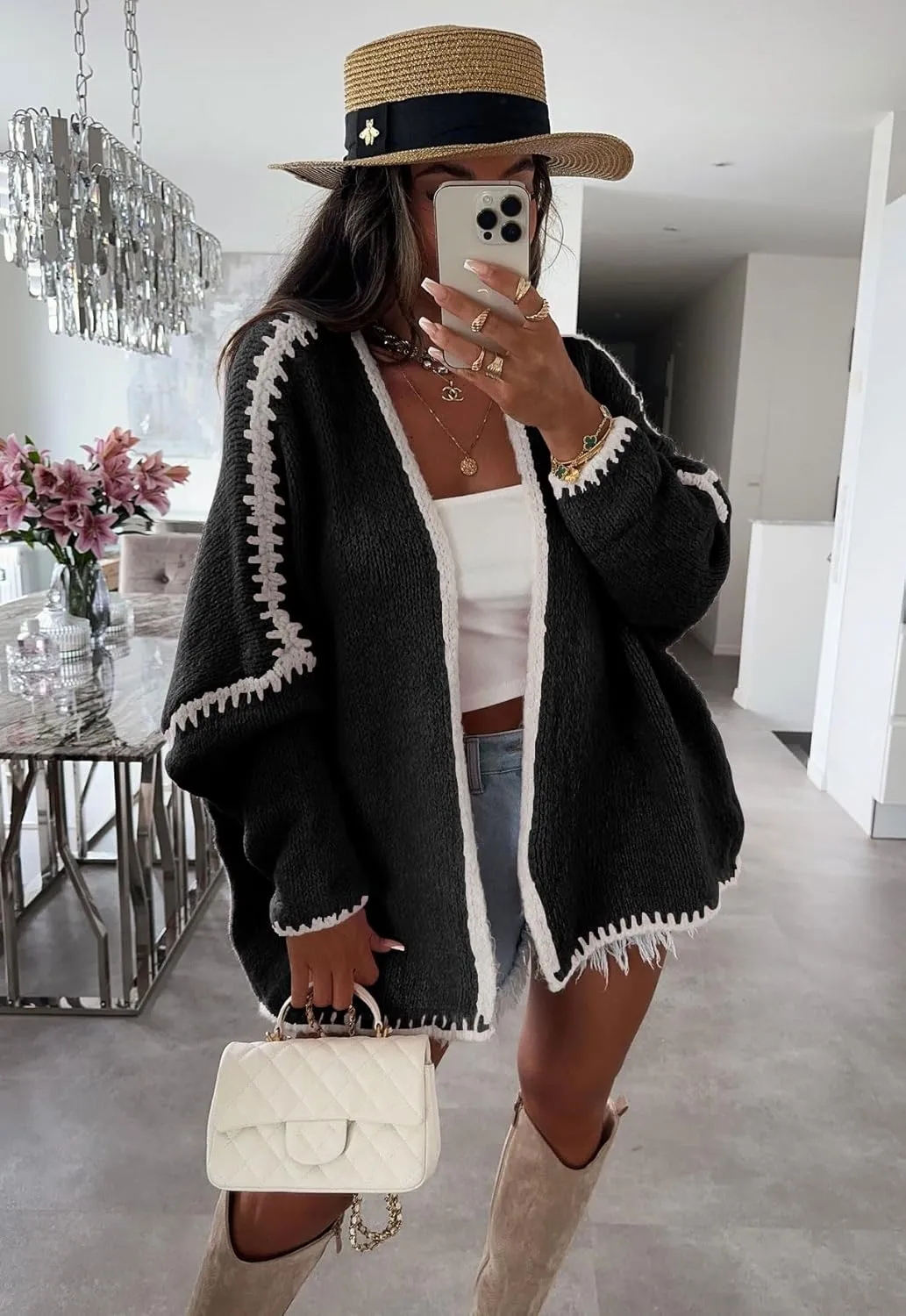 chouyatou Women Fall Open Front Color Block Cardigan Sweater Casual Striped Chunky Knit Oversized Cardigan