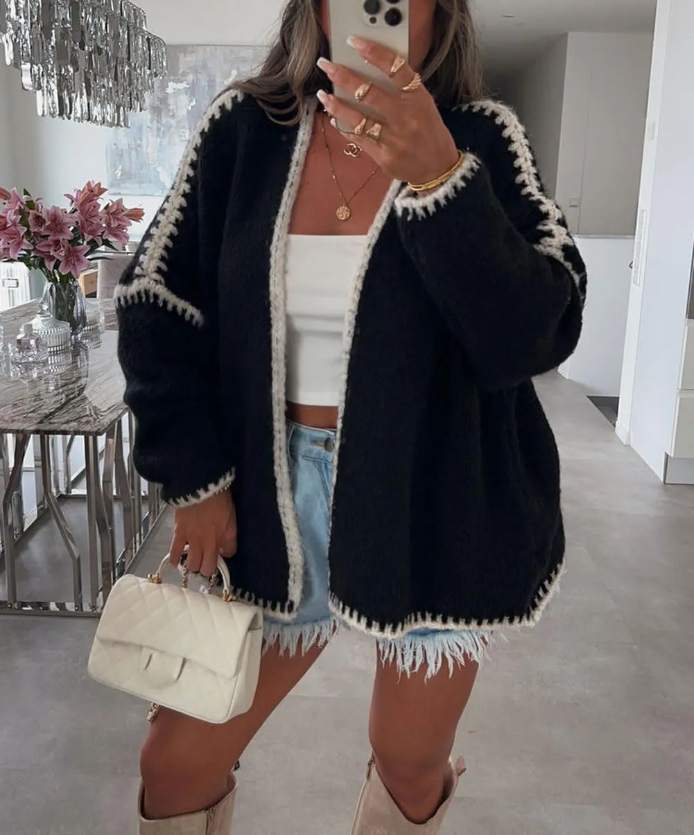 chouyatou Women Fall Open Front Color Block Cardigan Sweater Casual Striped Chunky Knit Oversized Cardigan