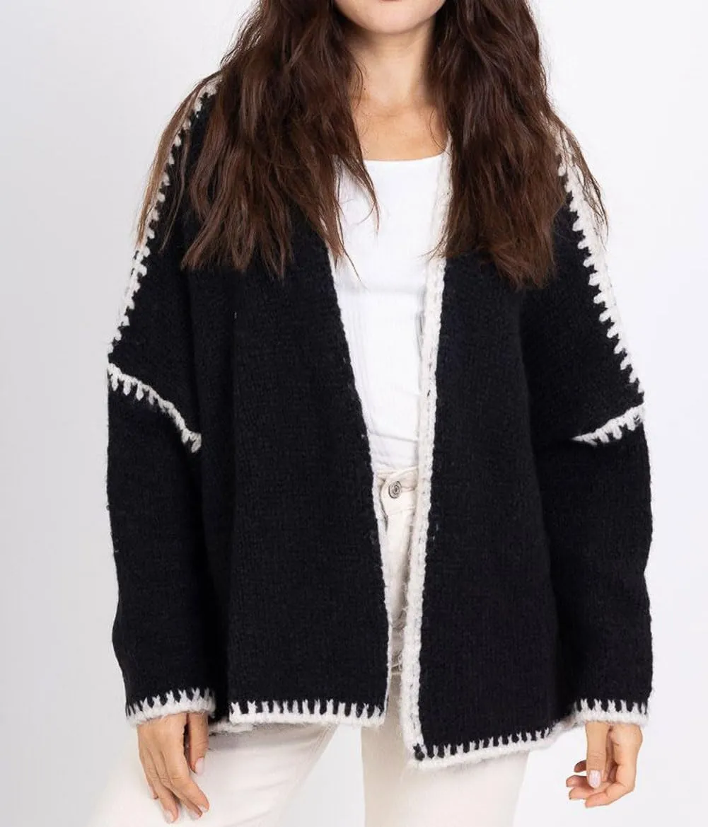 chouyatou Women Fall Open Front Color Block Cardigan Sweater Casual Striped Chunky Knit Oversized Cardigan