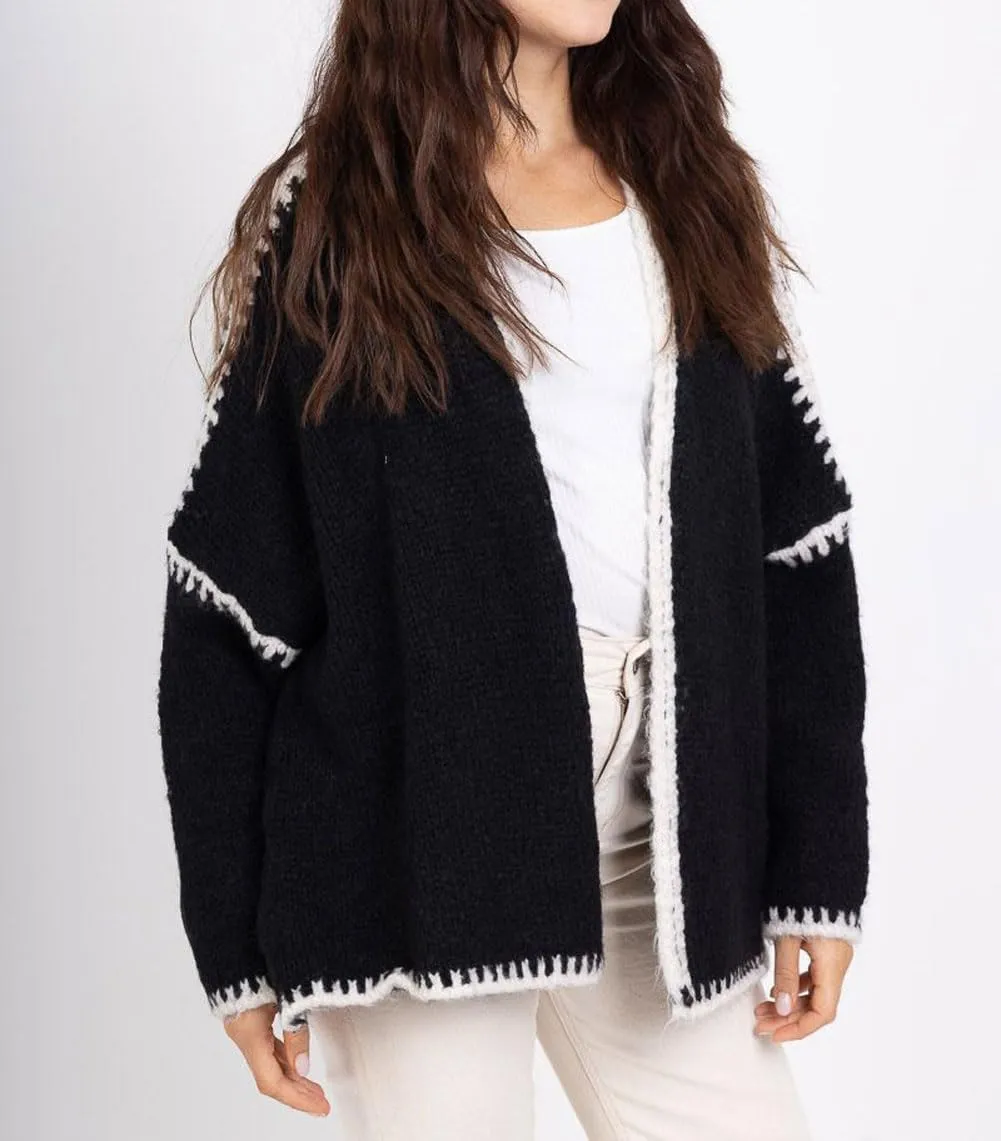 chouyatou Women Fall Open Front Color Block Cardigan Sweater Casual Striped Chunky Knit Oversized Cardigan