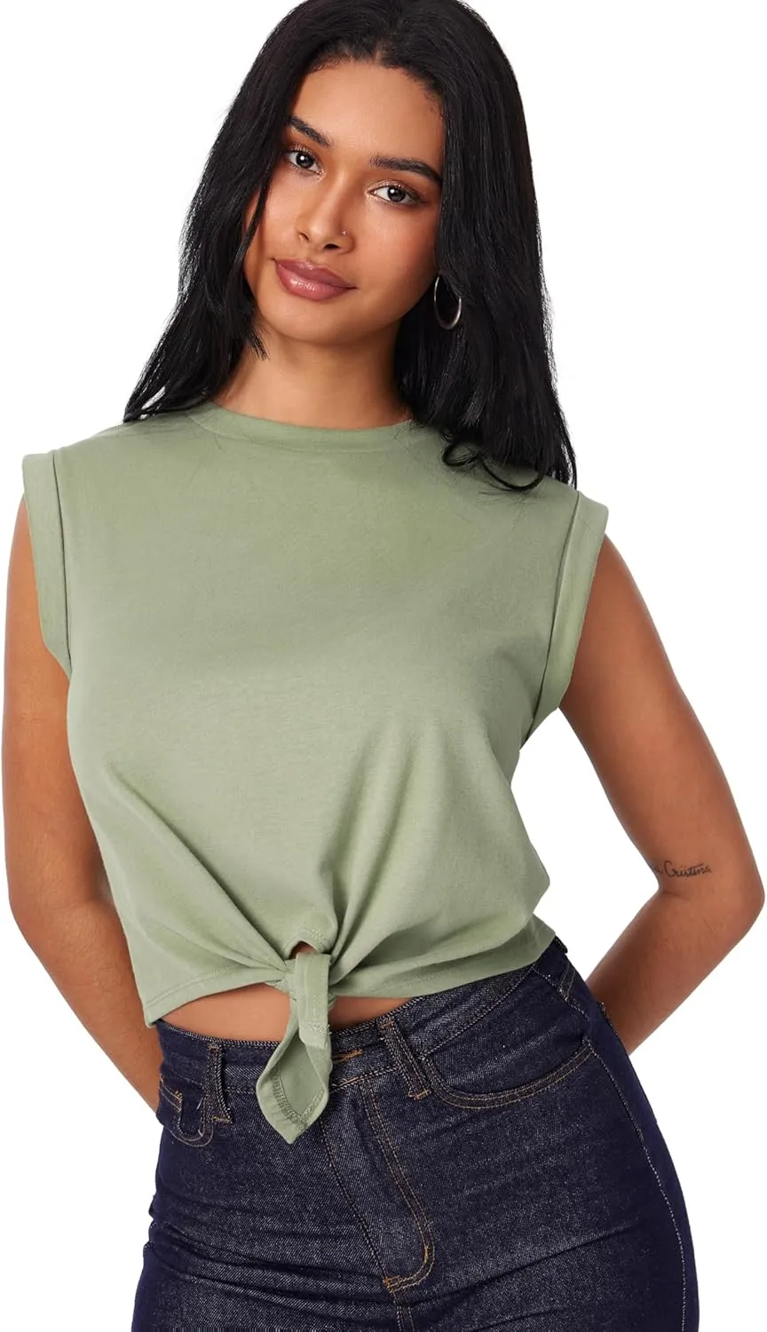 CIDER Crop Tops for Women Crew Neck T Shirts Short Sleeve Knotted Twist Front Loose Summer Basic Tee