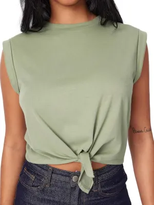 CIDER Crop Tops for Women Crew Neck T Shirts Short Sleeve Knotted Twist Front Loose Summer Basic Tee