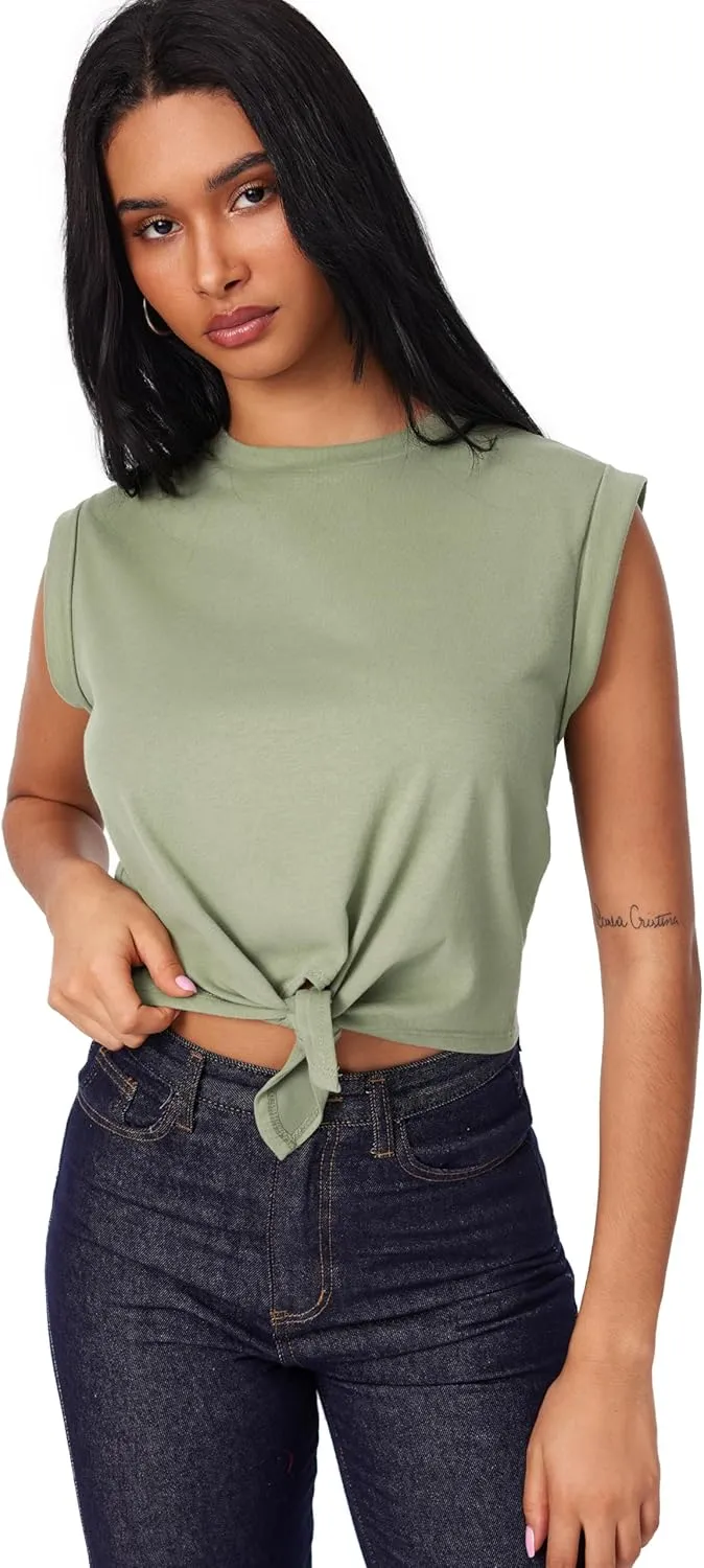 CIDER Crop Tops for Women Crew Neck T Shirts Short Sleeve Knotted Twist Front Loose Summer Basic Tee