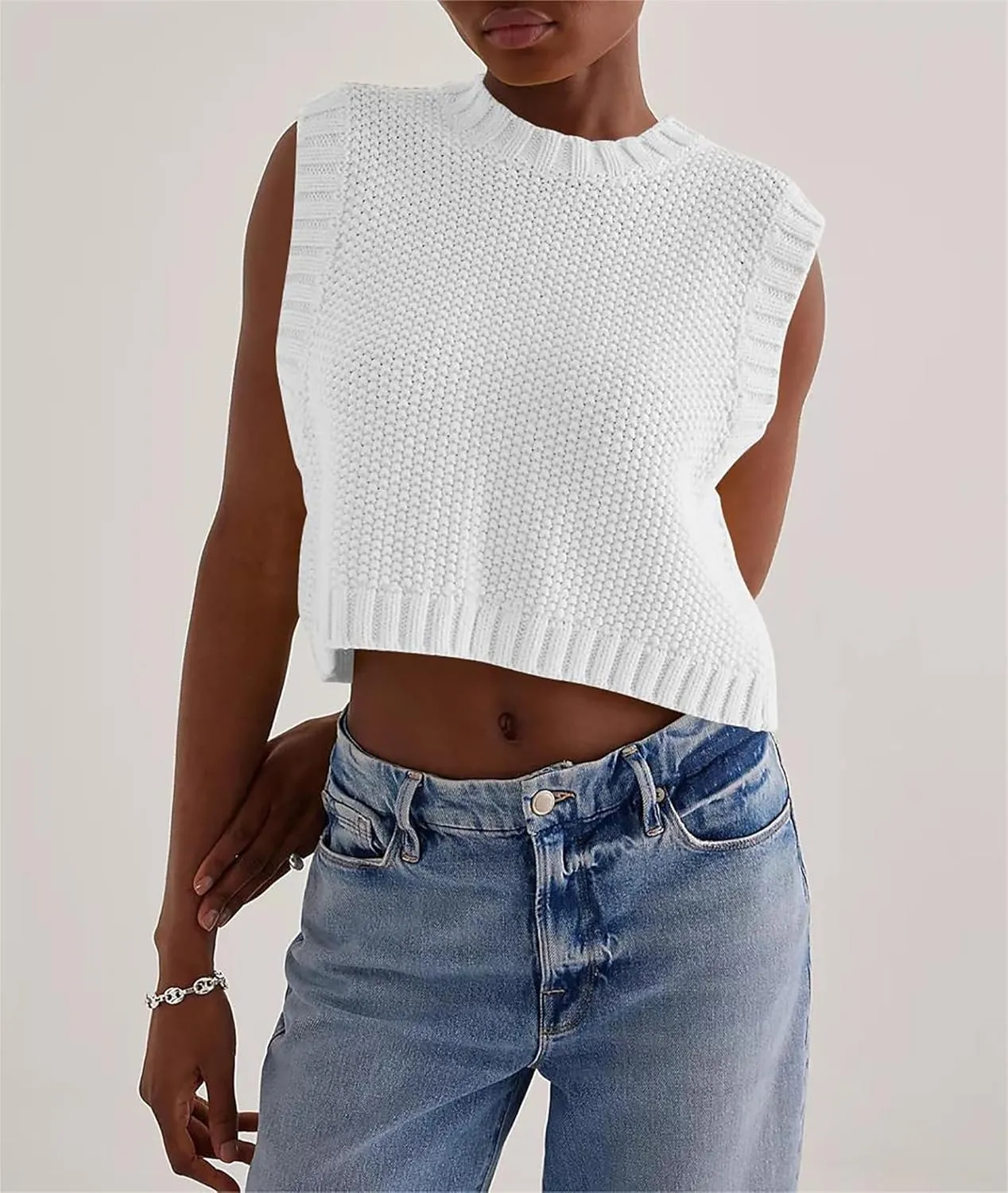Cioatin Women Y2K Backless Tie Up Knit Crop Sweater Vest Sleeveless Round Neck Split Open Back Pullover Summer Tank Tops