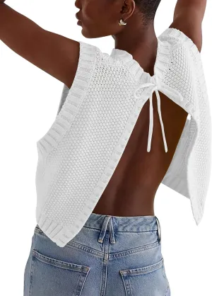 Cioatin Women Y2K Backless Tie Up Knit Crop Sweater Vest Sleeveless Round Neck Split Open Back Pullover Summer Tank Tops