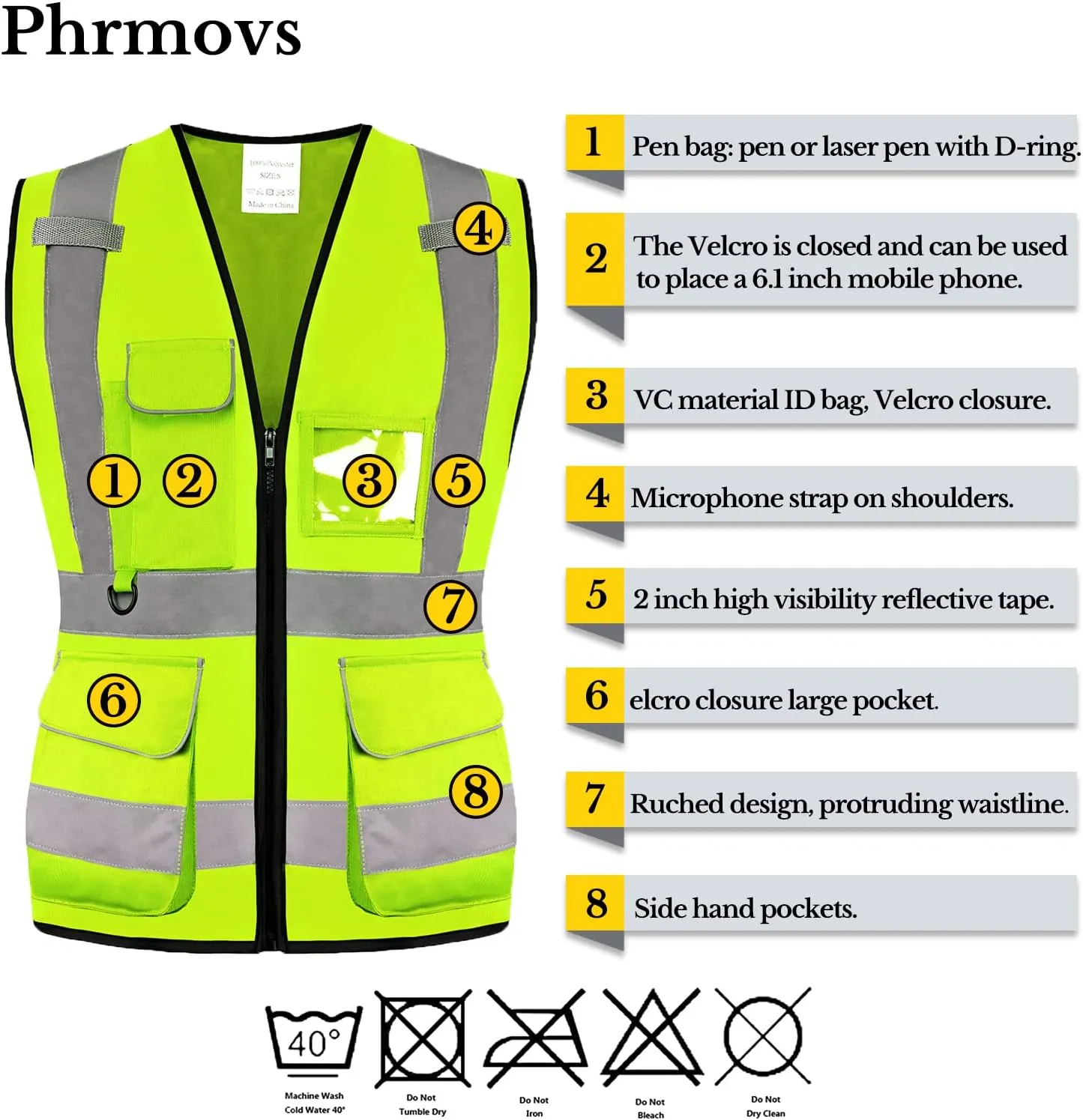 Class 2 Women's Hi Vis Reflective Safety Vest with 7 Pockets and Zipper, Meets ANSI/ISEA Standard