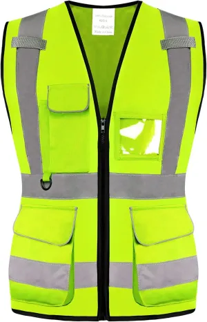 Class 2 Women's Hi Vis Reflective Safety Vest with 7 Pockets and Zipper, Meets ANSI/ISEA Standard