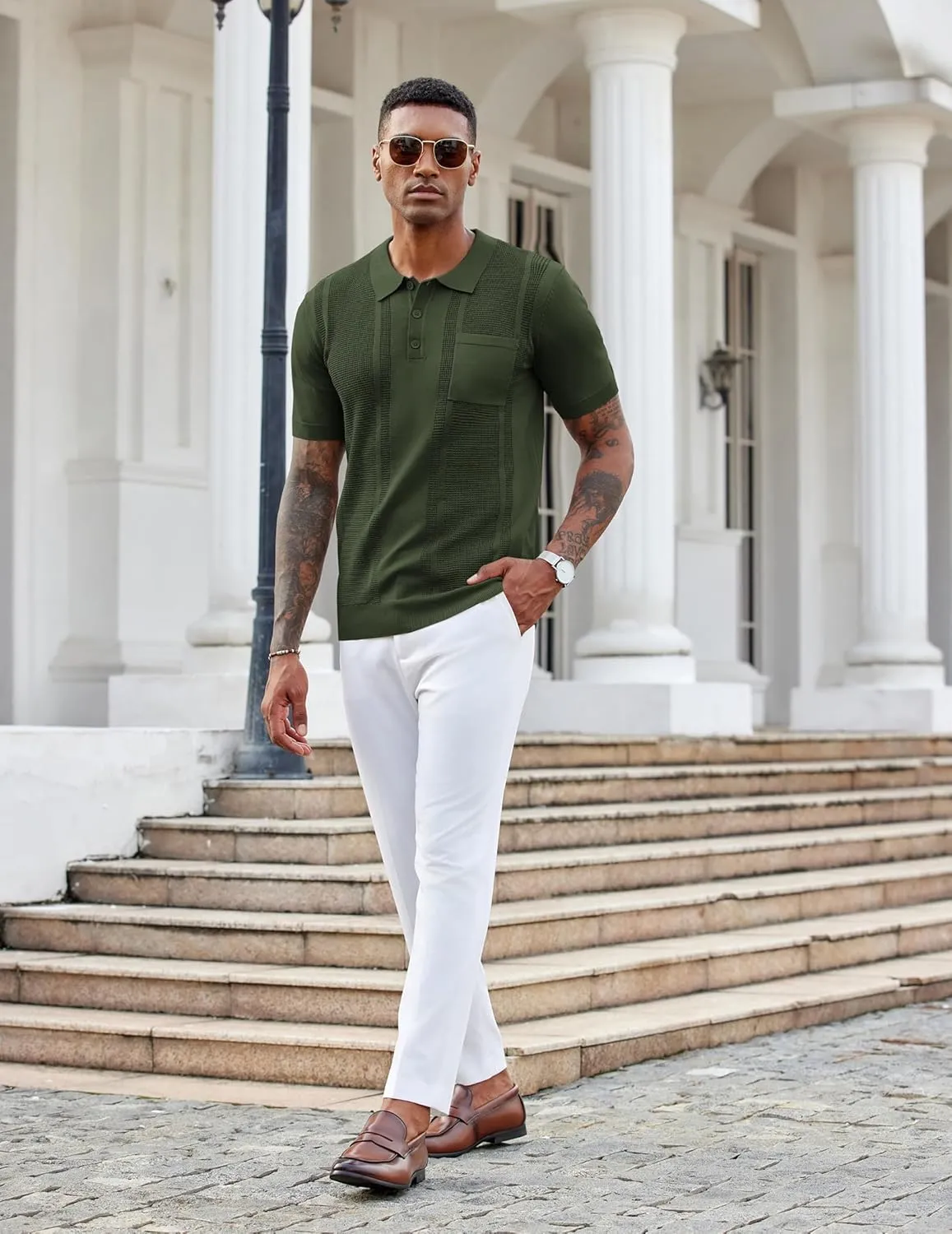 COOFANDY Knit Polo Shirts for Men Short Sleeve Textured Polo Shirt Slim Fit Summer Collared T Shirt with Pocket