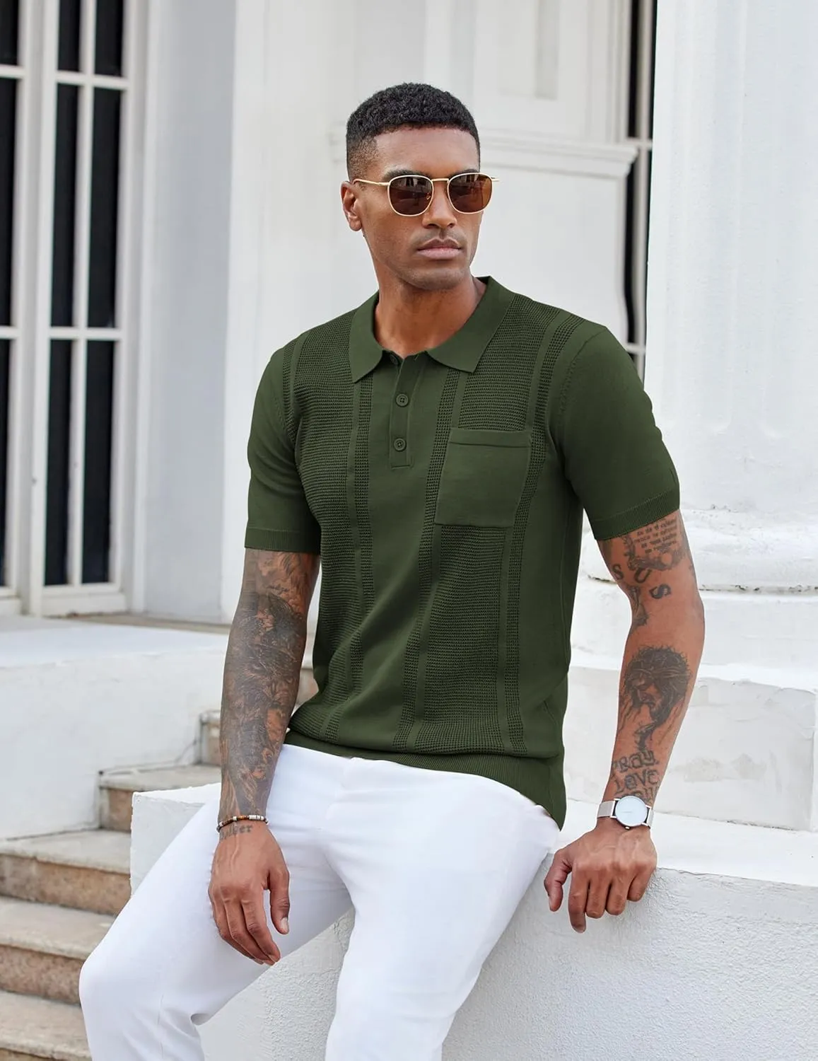 COOFANDY Knit Polo Shirts for Men Short Sleeve Textured Polo Shirt Slim Fit Summer Collared T Shirt with Pocket