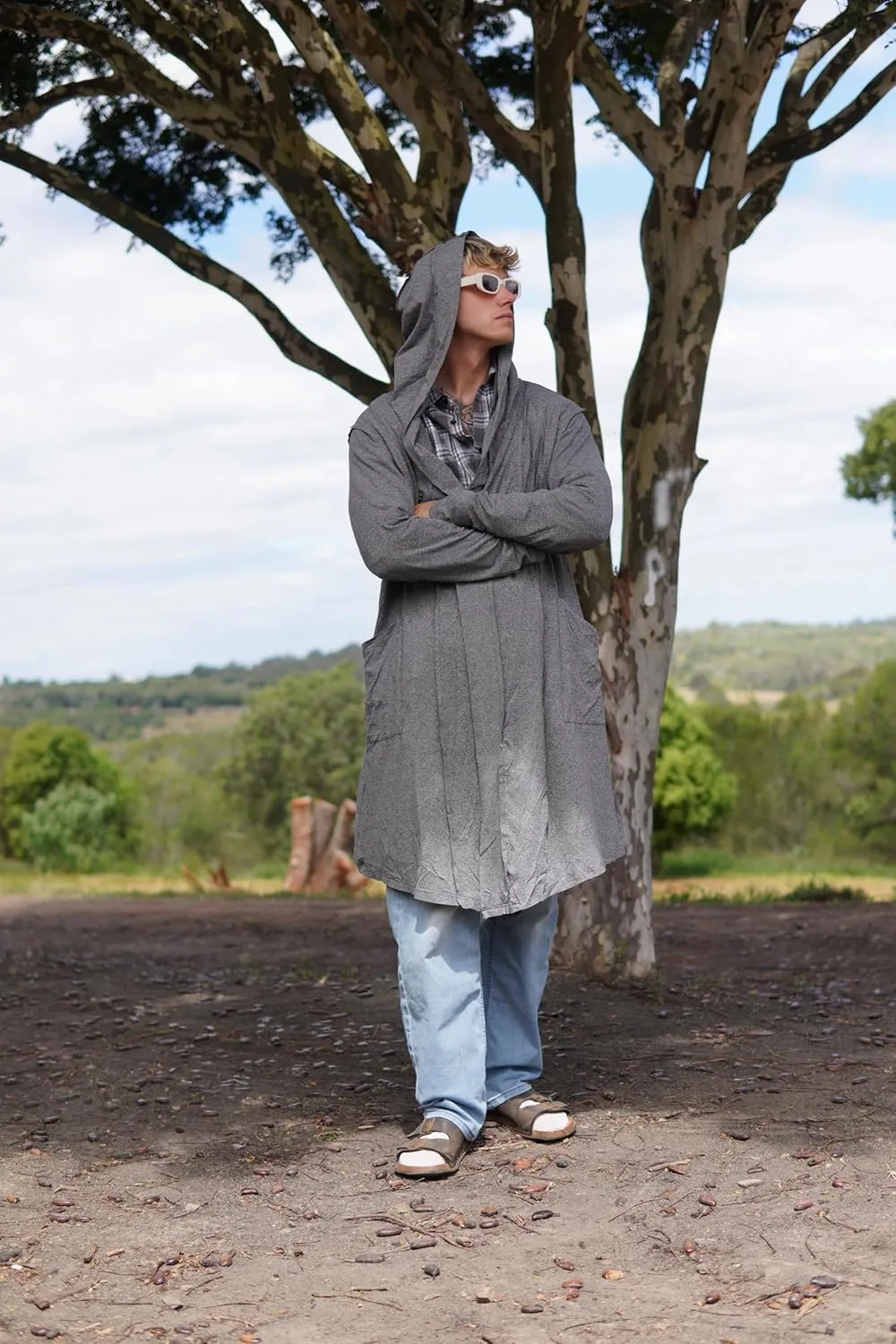 COOFANDY Long Hooded Cardigan Men Lightweight Cloak Costume Open Front Drape Cape Overcoat with Pockets