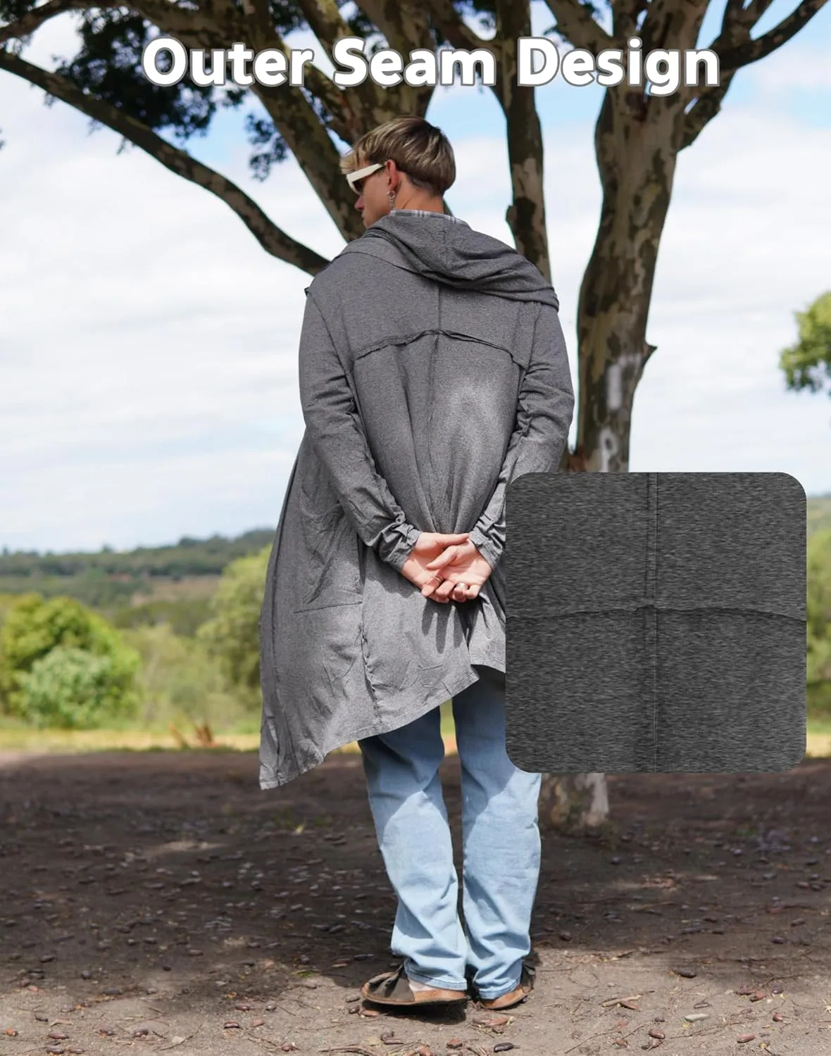 COOFANDY Long Hooded Cardigan Men Lightweight Cloak Costume Open Front Drape Cape Overcoat with Pockets