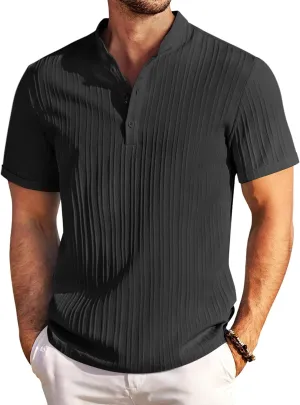 COOFANDY Mens Casual Henley Linen Banded Collar Short Sleeve Beach Summer Tee Shirt Black