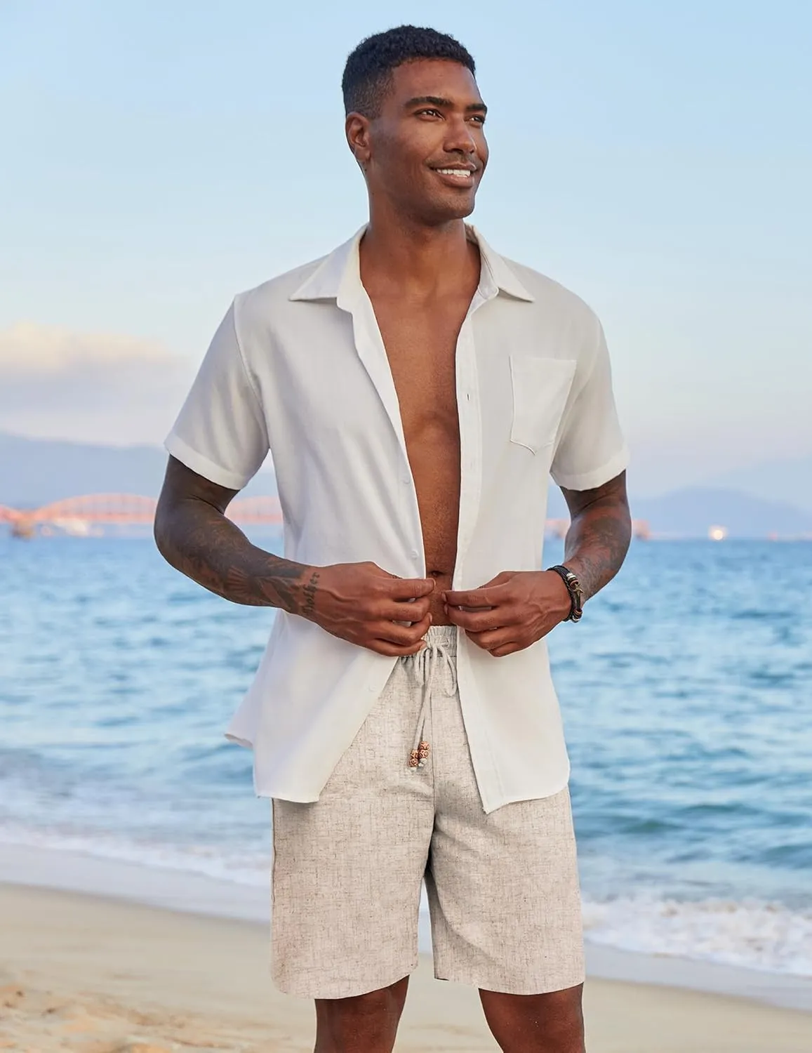 COOFANDY Mens Casual Linen Shorts Elastic Waist Drawstring Loose Fit Summer Beach Vacation Shorts with Pockets