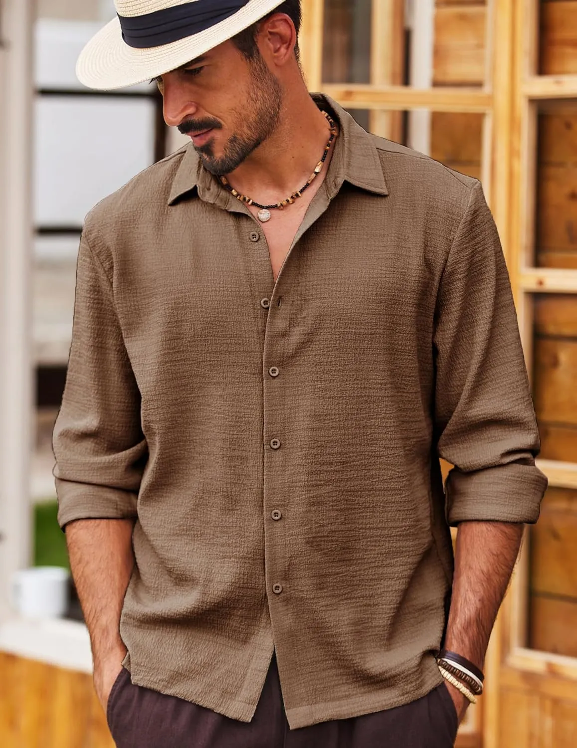 COOFANDY Men's Casual Long Sleeve Button Down Shirt Textured Wrinkle-Free Untucked Shirts