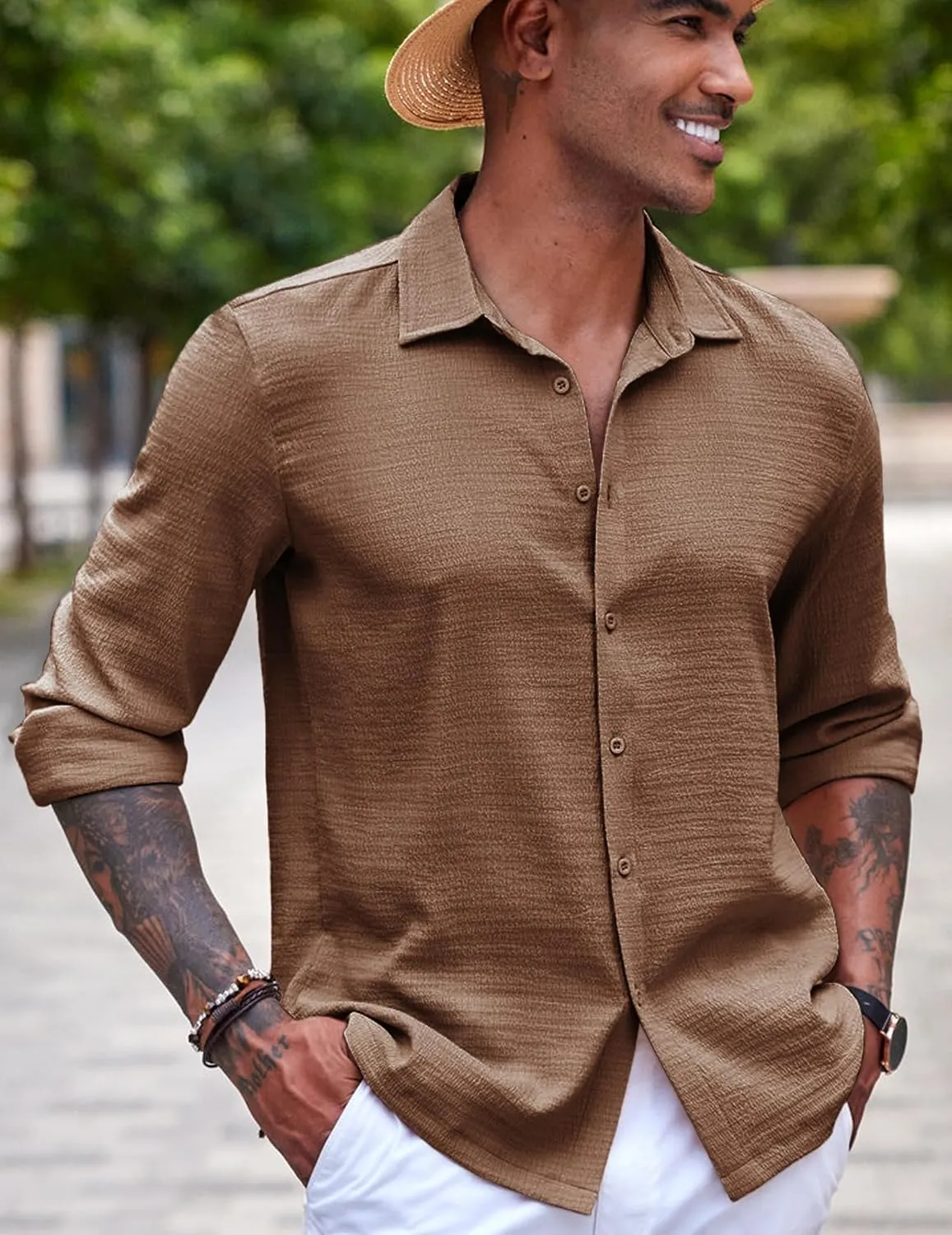 COOFANDY Men's Casual Long Sleeve Button Down Shirt Textured Wrinkle-Free Untucked Shirts