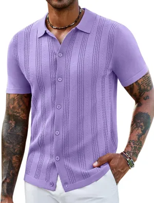 COOFANDY Men's Knit Shirts Short Sleeve Casual Button Down Polo Shirt Summer Beach Vacation Shirts