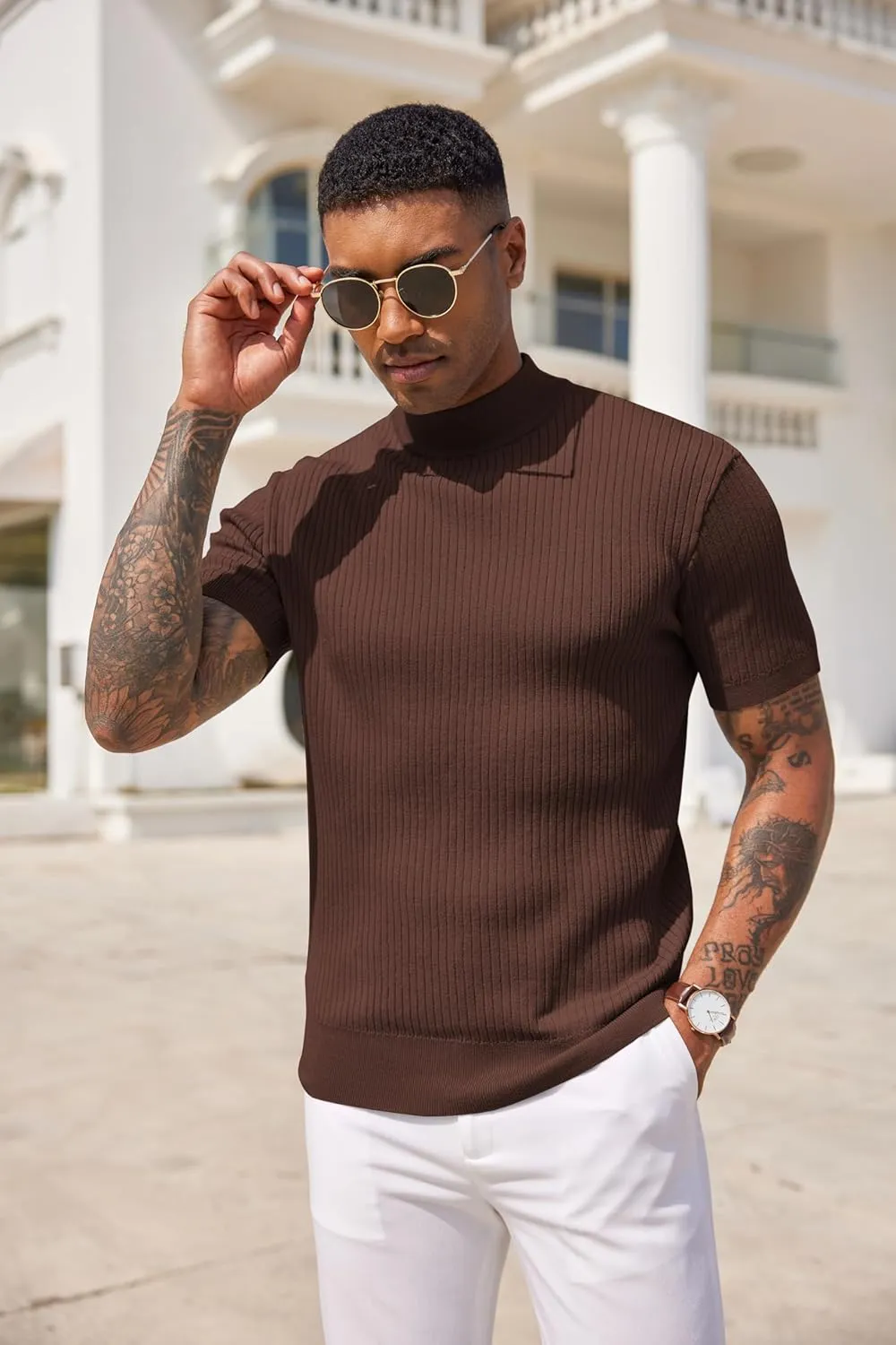 COOFANDY Men's Mock Turtleneck Sweater Short Sleeve Casual Basic Tops Ribbed Knit Pullover Solid Tee
