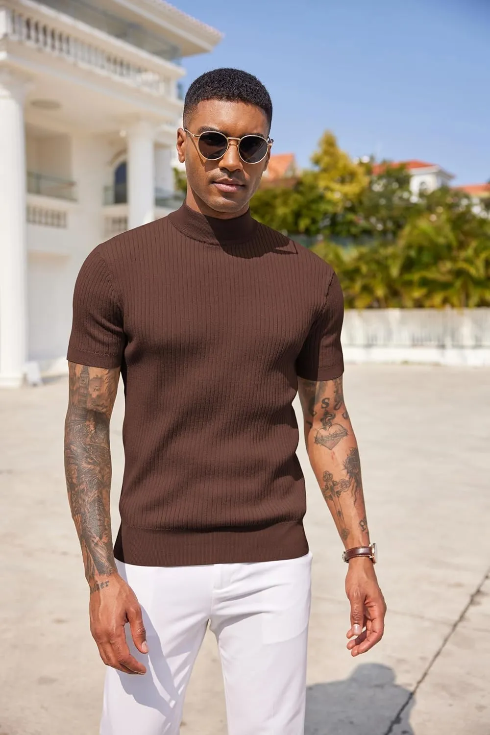 COOFANDY Men's Mock Turtleneck Sweater Short Sleeve Casual Basic Tops Ribbed Knit Pullover Solid Tee