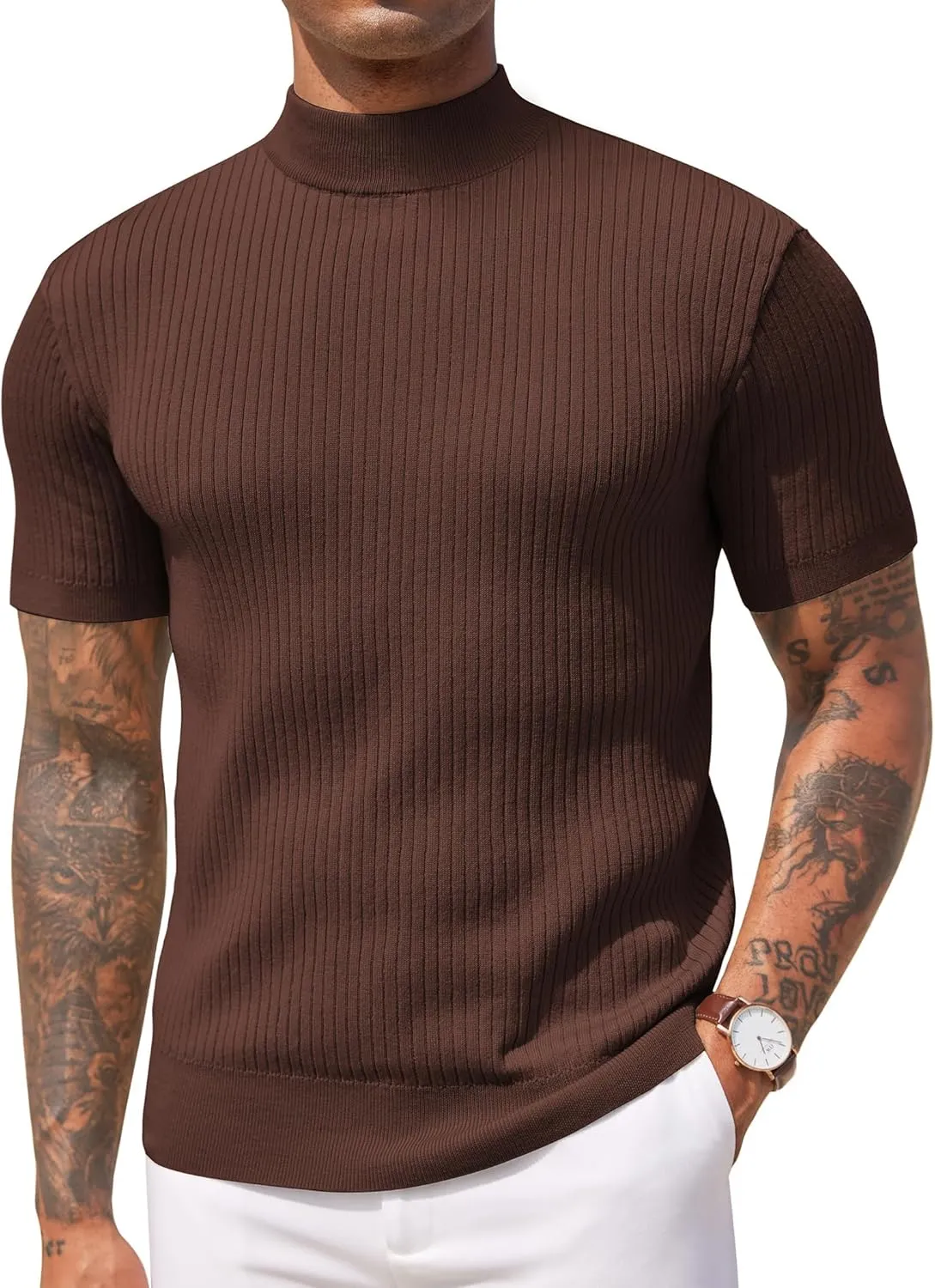 COOFANDY Men's Mock Turtleneck Sweater Short Sleeve Casual Basic Tops Ribbed Knit Pullover Solid Tee