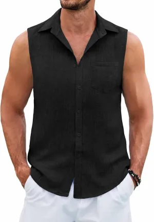 COOFANDY Men's Sleeveless Beach Shirts Summer Button Up Tank Tops Casual Textured Tank Shirt