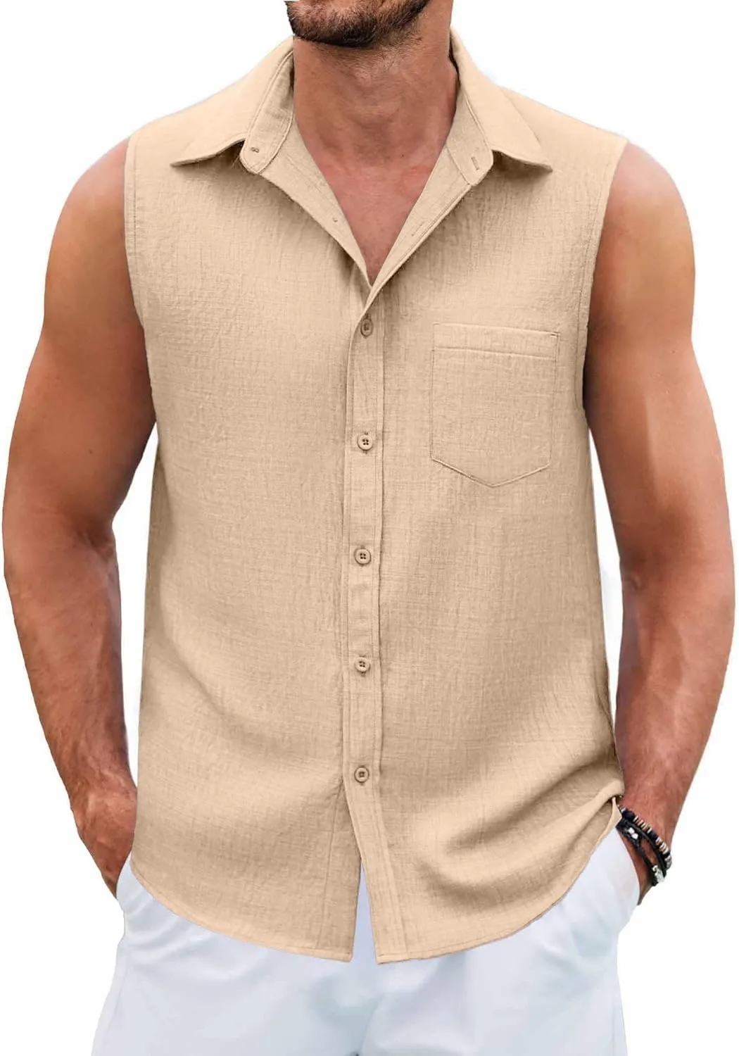 COOFANDY Men's Sleeveless Beach Shirts Summer Button Up Tank Tops Casual Textured Tank Shirt