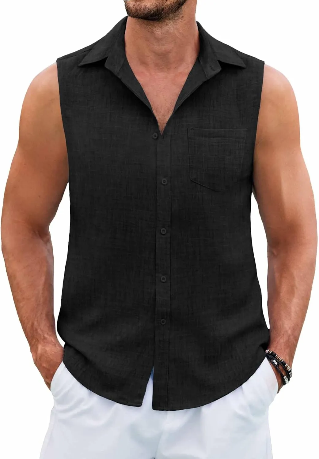 COOFANDY Men's Sleeveless Beach Shirts Summer Button Up Tank Tops Casual Textured Tank Shirt
