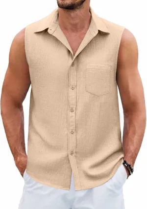 COOFANDY Men's Sleeveless Beach Shirts Summer Button Up Tank Tops Casual Textured Tank Shirt