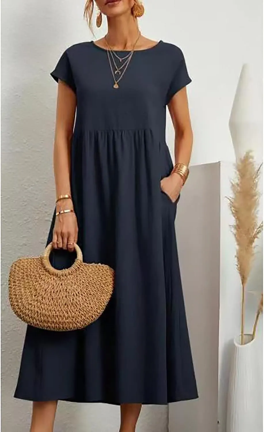 Cotton Dresses for Women 2024 Casual Summer Tee Shirt Midi Long Dress Short Sleeve T Shirts Dresses with Pockets