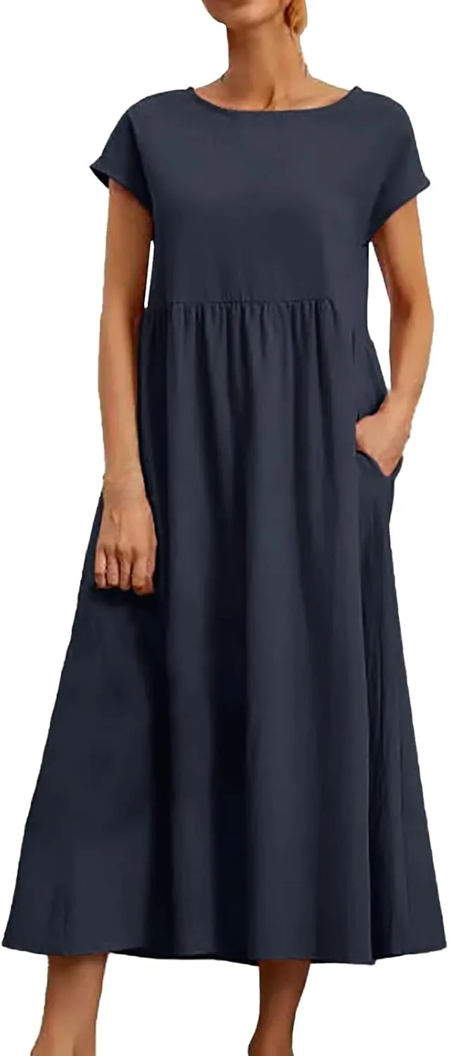 Cotton Dresses for Women 2024 Casual Summer Tee Shirt Midi Long Dress Short Sleeve T Shirts Dresses with Pockets