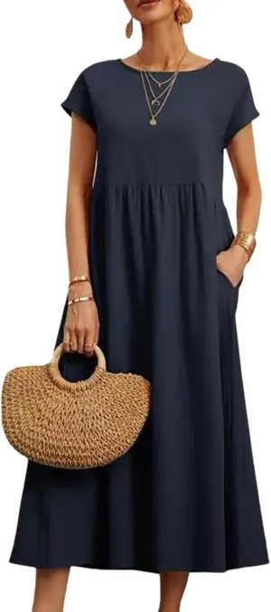 Cotton Dresses for Women 2024 Casual Summer Tee Shirt Midi Long Dress Short Sleeve T Shirts Dresses with Pockets